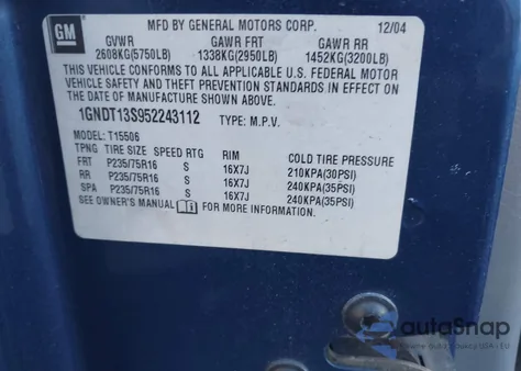 2005 Chevrolet Trailblazer Ls z USA, uszkodzony, nr VIN 1GNDT13S952243112